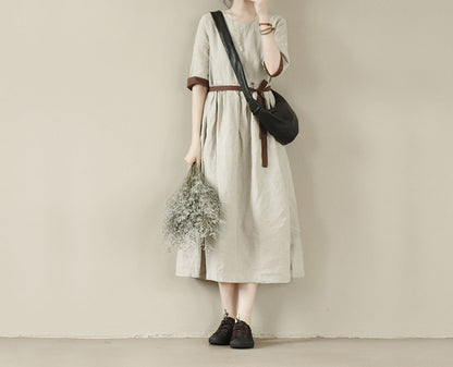 edoa Flax Linen Half Sleeve High Waist Gathering Dress