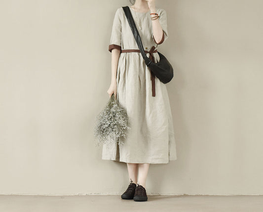 edoa Flax Linen Half Sleeve High Waist Gathering Dress