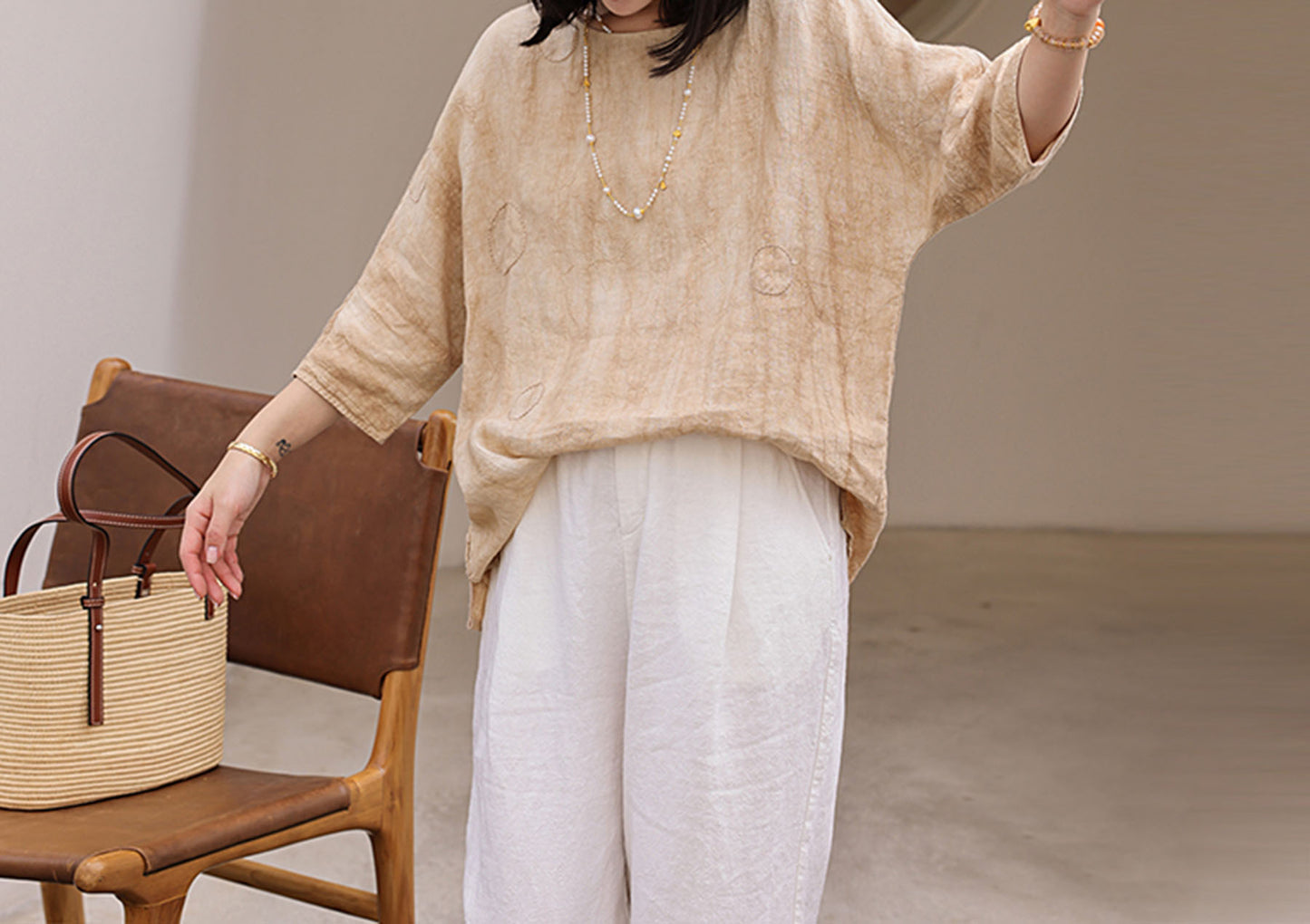 edoa Distressed Crinkled Linen Top with Hand Embroidery 