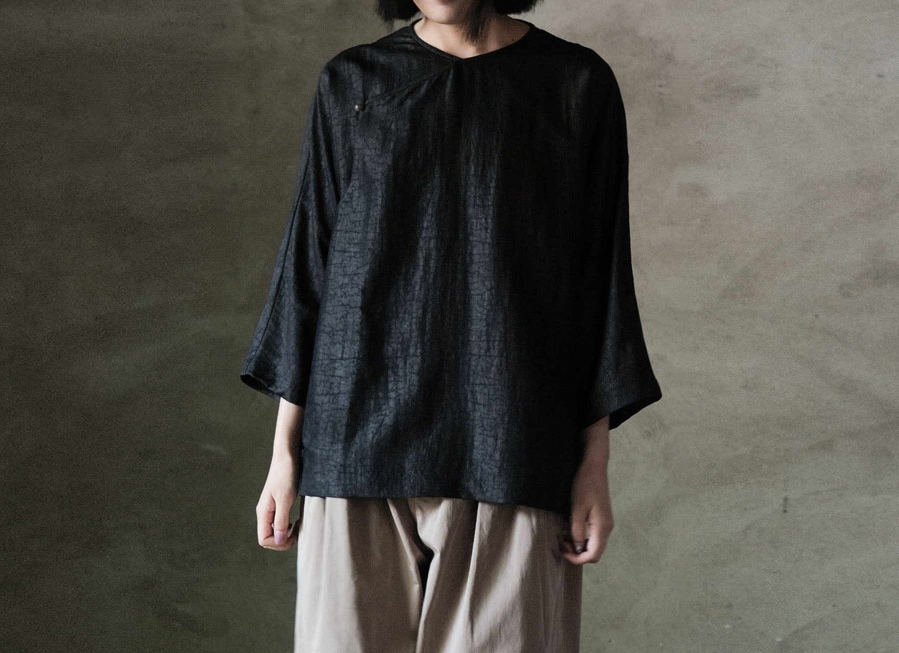 edoa Cracked Mud Silk 3/4 Sleeve Chinese Tee