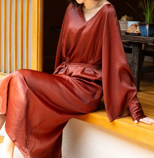 EDOA Mud Silk Satin V-Neck Kaftan Dress