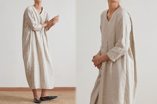 edoa Flax Linen V-neckline Cocoon Dress 
