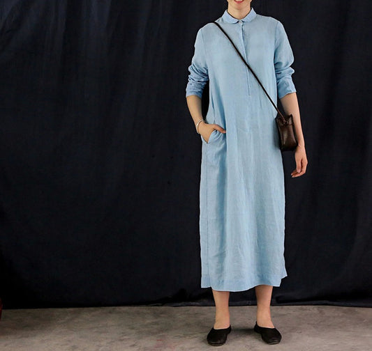 edoa Yarn Dyed Linen A Line Shirtdress