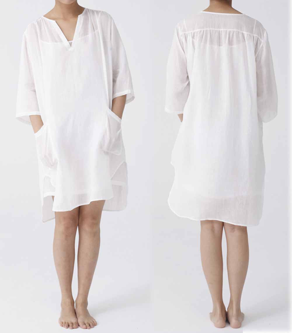 edoa Washed Ramie V-neck White Tunic Dress
