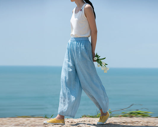 edoa Thin High Count Ramie Pintuck Waist Lantern Pants 