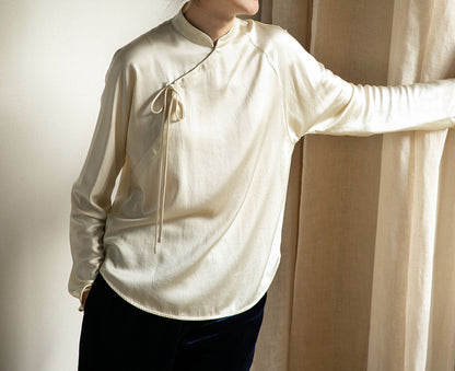 edoa Stone Washed Silk Satin Chinese Blouse