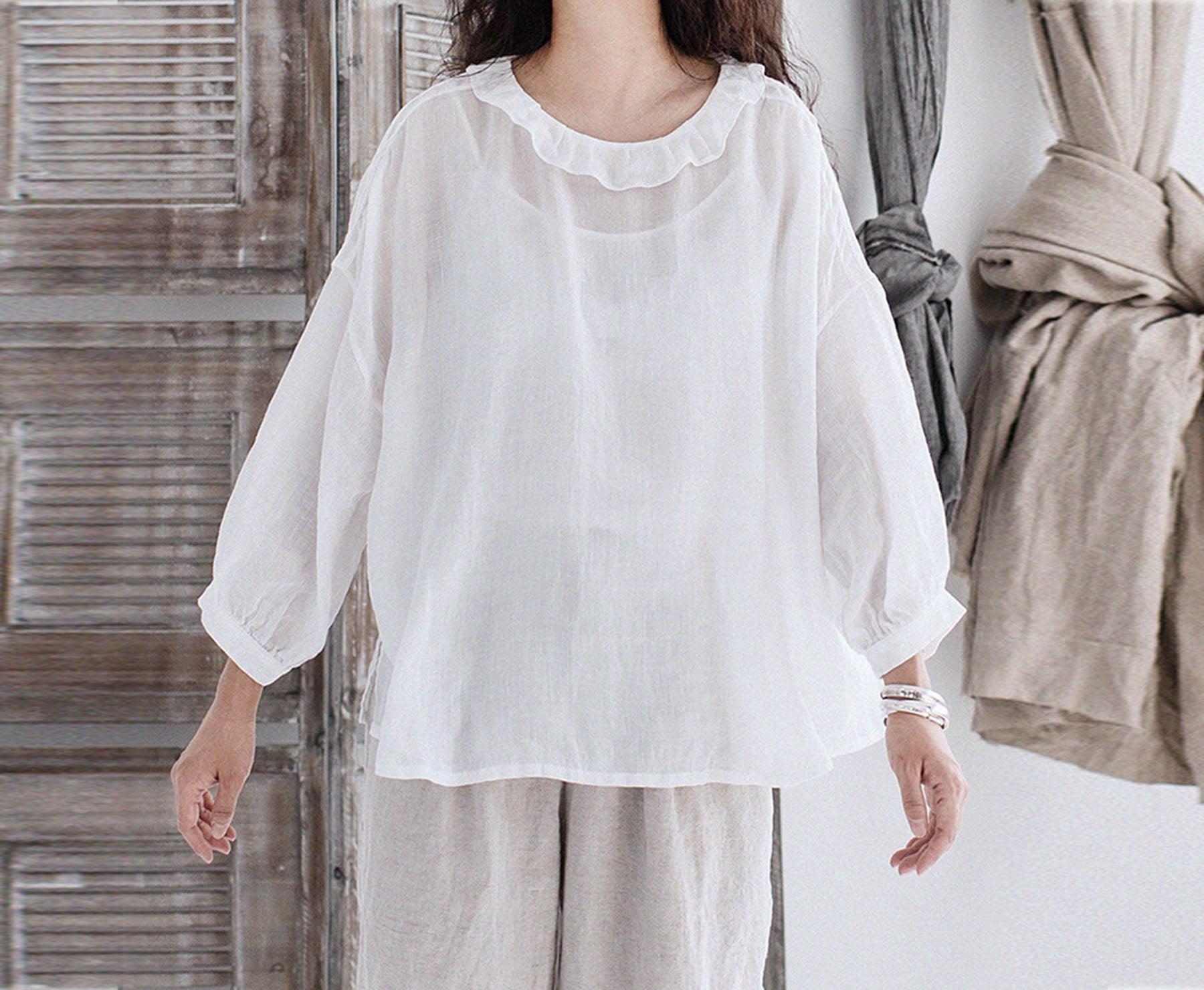 edoa Crinkled Ramie Victorian Top with Ruffled Neckline 