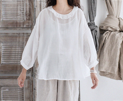 edoa Crinkled Ramie Victorian Top with Ruffled Neckline 