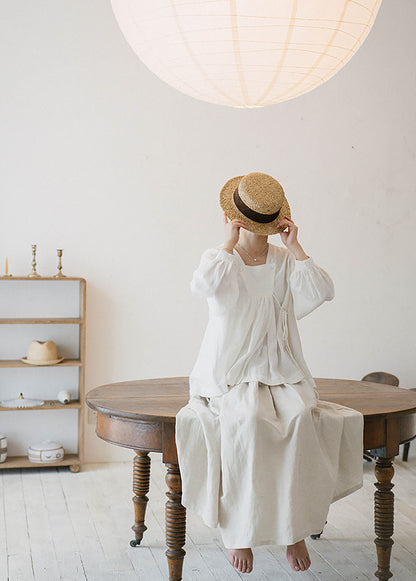 edoa Linen Puff Sleeves Blouse