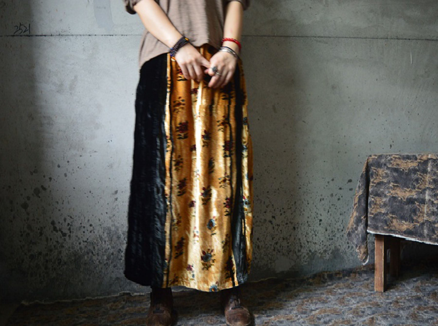 edoa Printed Silk Long Velvet Skirt 