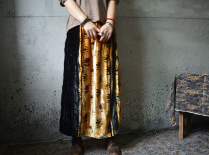 edoa Printed Silk Long Velvet Skirt 