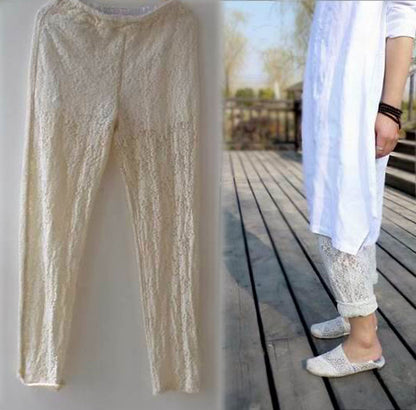 edoa White Floral Lace Pants 