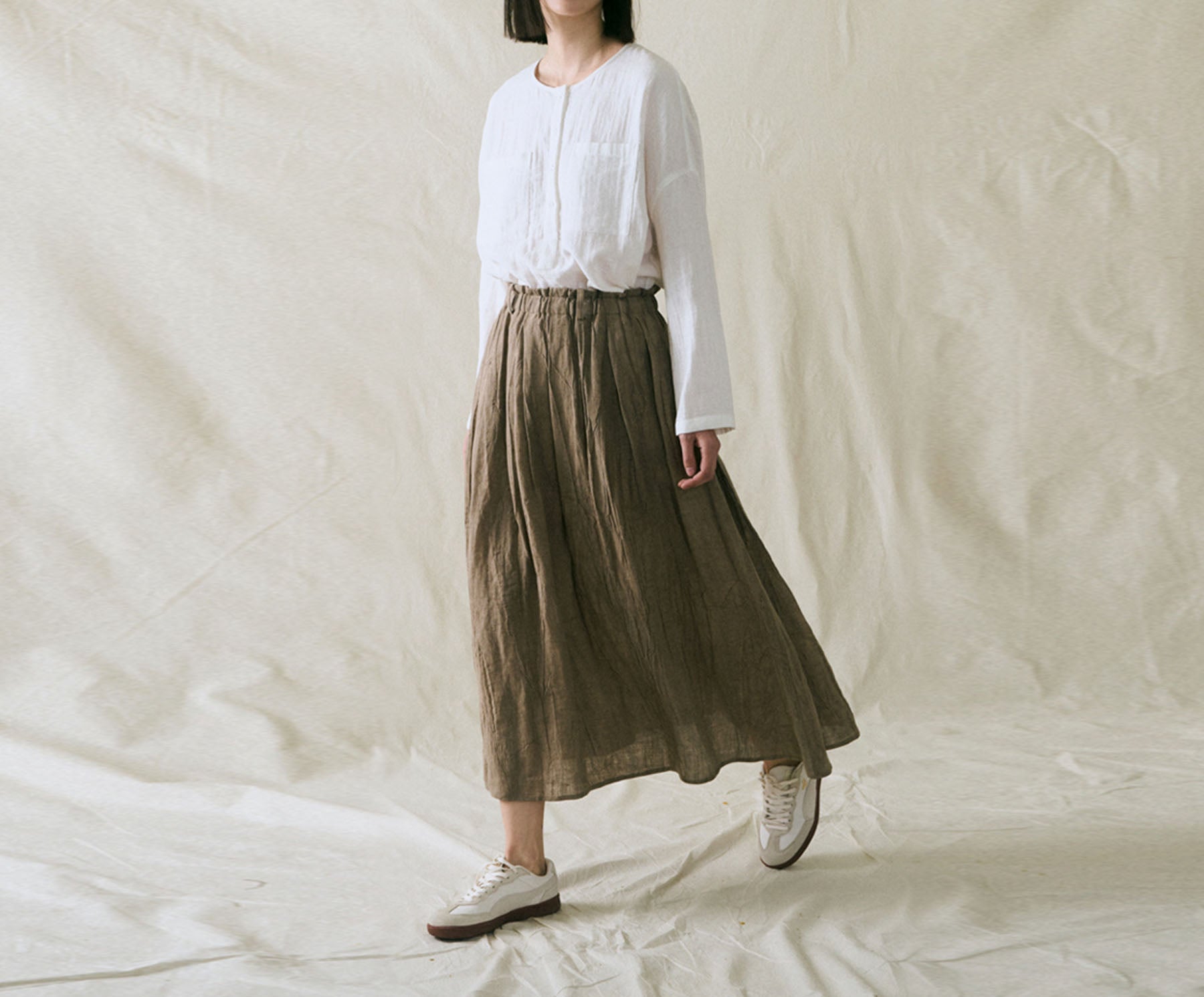 edoa Distressed Crinkled PIgment Dyed Linen A-line Pleated Skirt
