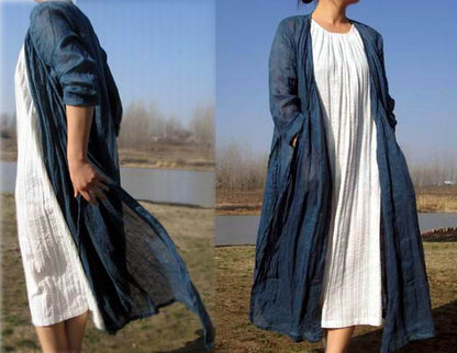 edoa Thin Linen Peacock Blue Cardigan Dress