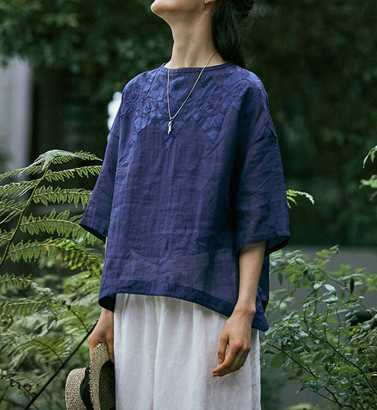 edoa High Counted Ramie Tee with Hand-sewn Applique'
