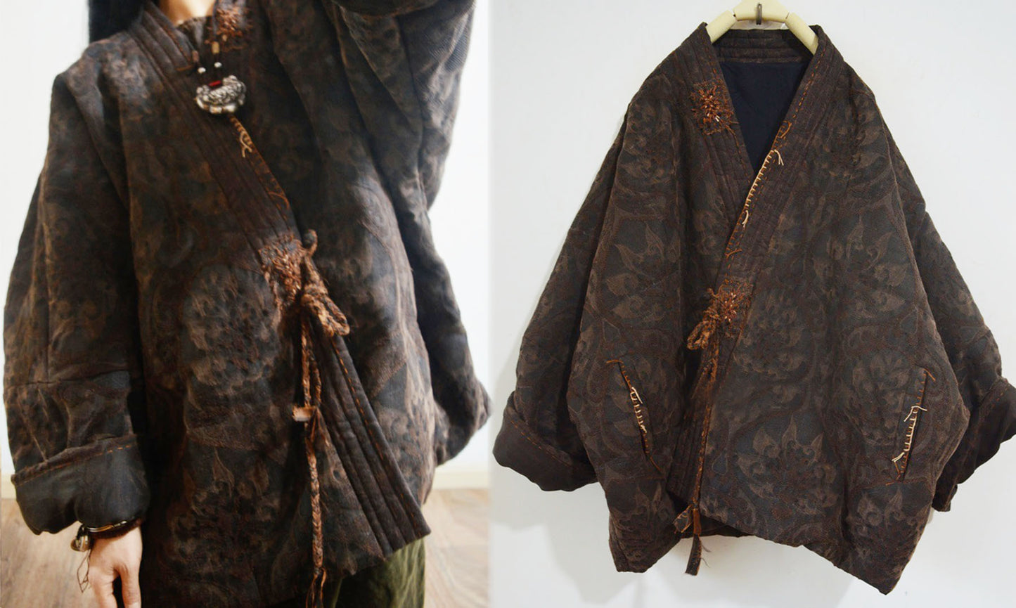 Mud Tussah Silk Jacquard Goose Down Chinese Coat co0187 X035
