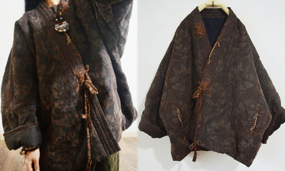 Mud Tussah Silk Jacquard Goose Down Chinese Coat co0187 X035