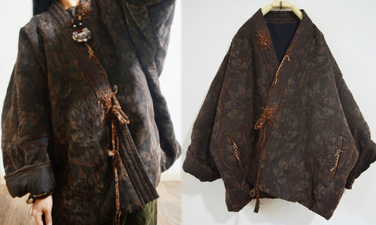 Mud Tussah Silk Jacquard Goose Down Chinese Coat co0187 X035