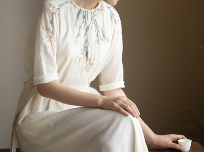 edoa Cotton Silk Blend Hand Embroidered Dress 