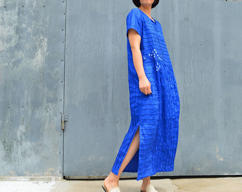 edoa Electric Blue Pintucked Allover Linen Dress