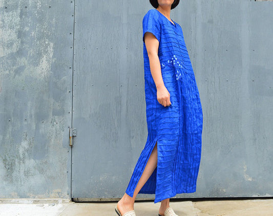 edoa Electric Blue Pintucked Allover Linen Dress