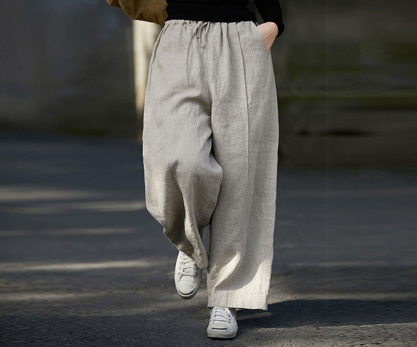 edoa Linen Asymmetric Tucks Wide Leg Crop Pants
