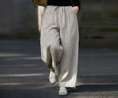 edoa Linen Asymmetric Tucks Wide Leg Crop Pants