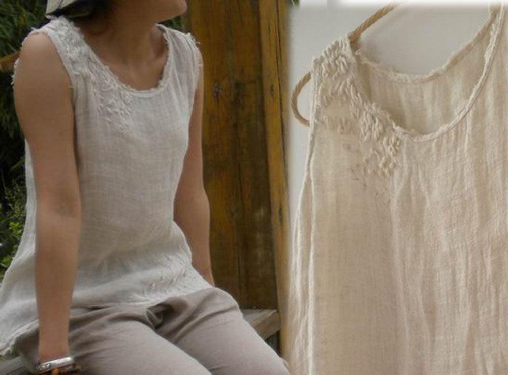 edoa Hand Embroidered Double Layer Gauzy Linen Summer Tank