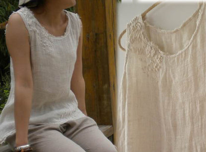edoa Hand Embroidered Double Layer Gauzy Linen Summer Tank