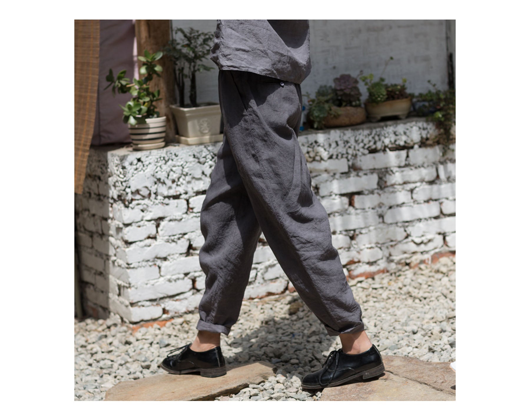edoa Boyfriend Style French Linen Tapered Pants