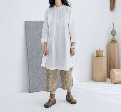 edoa Off White High Counted French Linen Pintucked Trapeze Tunic 