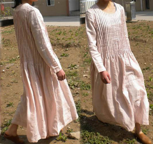 Pintucked pink maxi linen dress