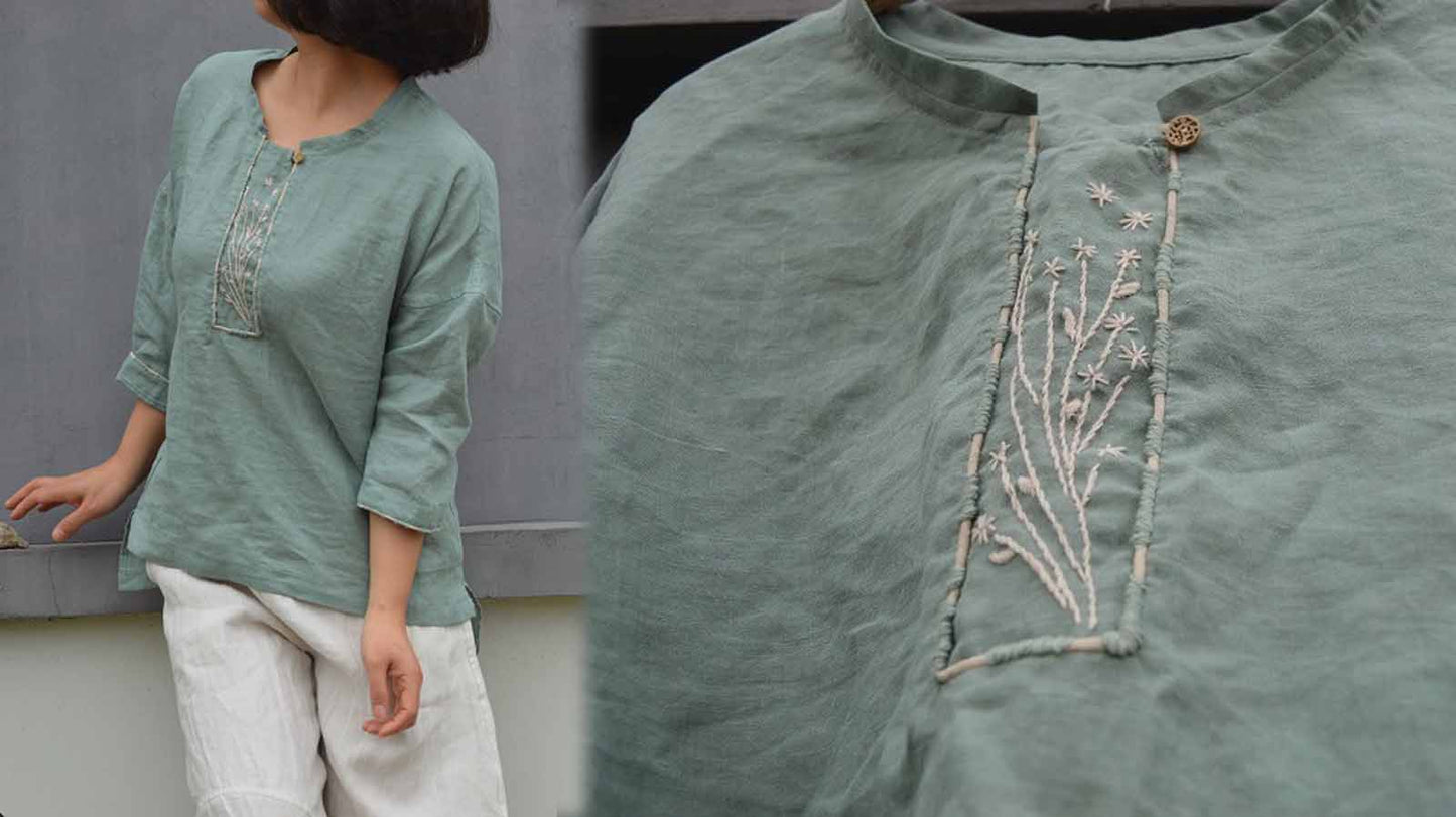 edoa Hand Embroidered Linen Top