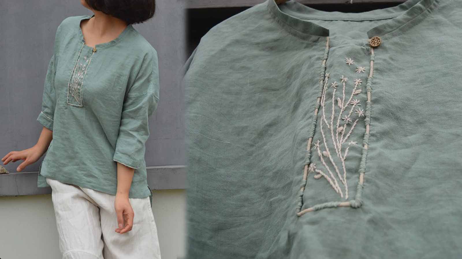 edoa Hand Embroidered Linen Top