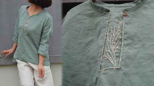 edoa Hand Embroidered Linen Top