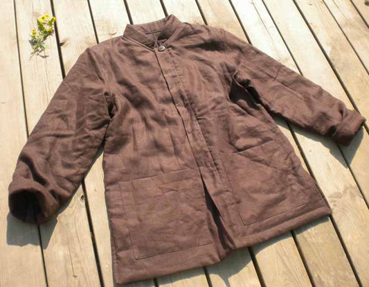 stand collar linen tang suit edoa