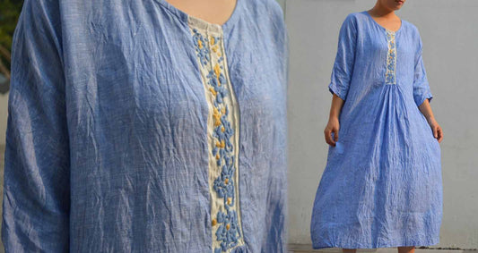 edoa Yarn dyed Linen Dress with Hand Embroidery 