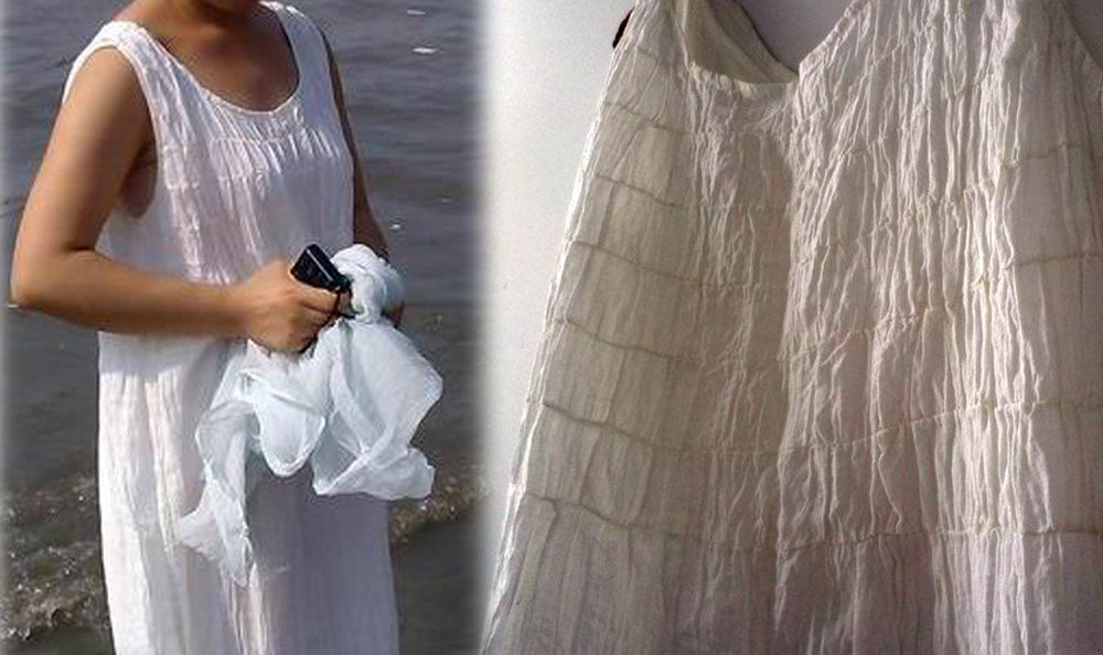 Crinkled ramie white sleeveless dress