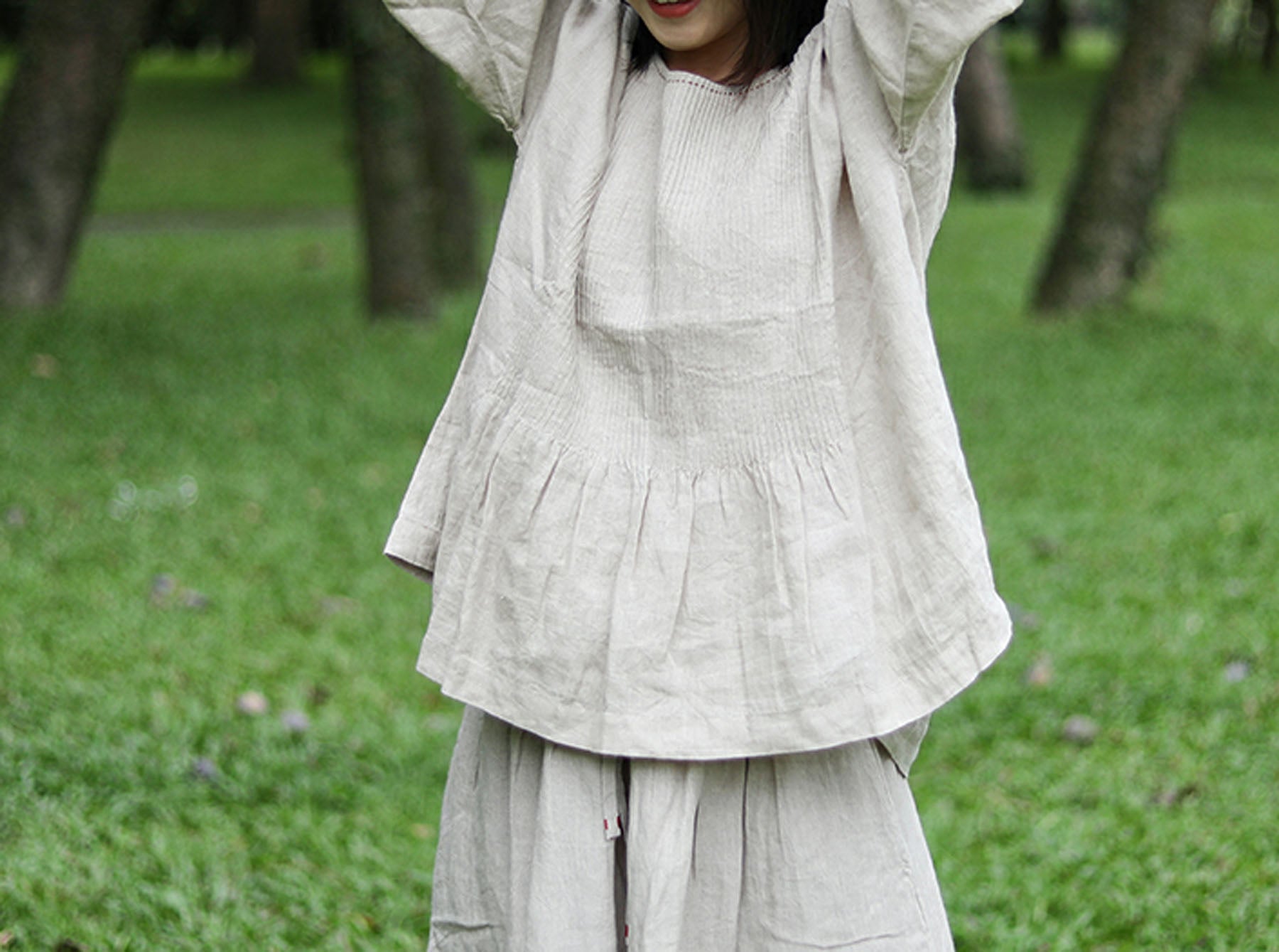 edoa Hand Pintucked Flax Linen Blouse