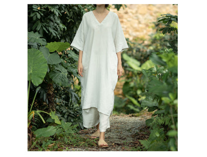 edoa Loose Fitting V-neck French Linen Dress