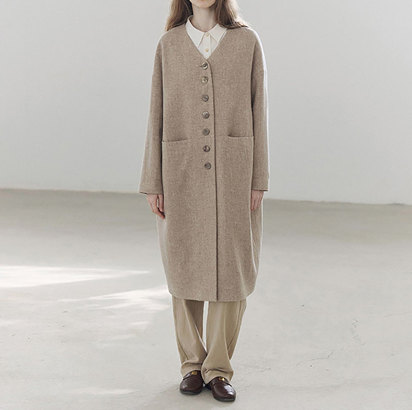 edoa Elegant V-neck Wool Long Coat