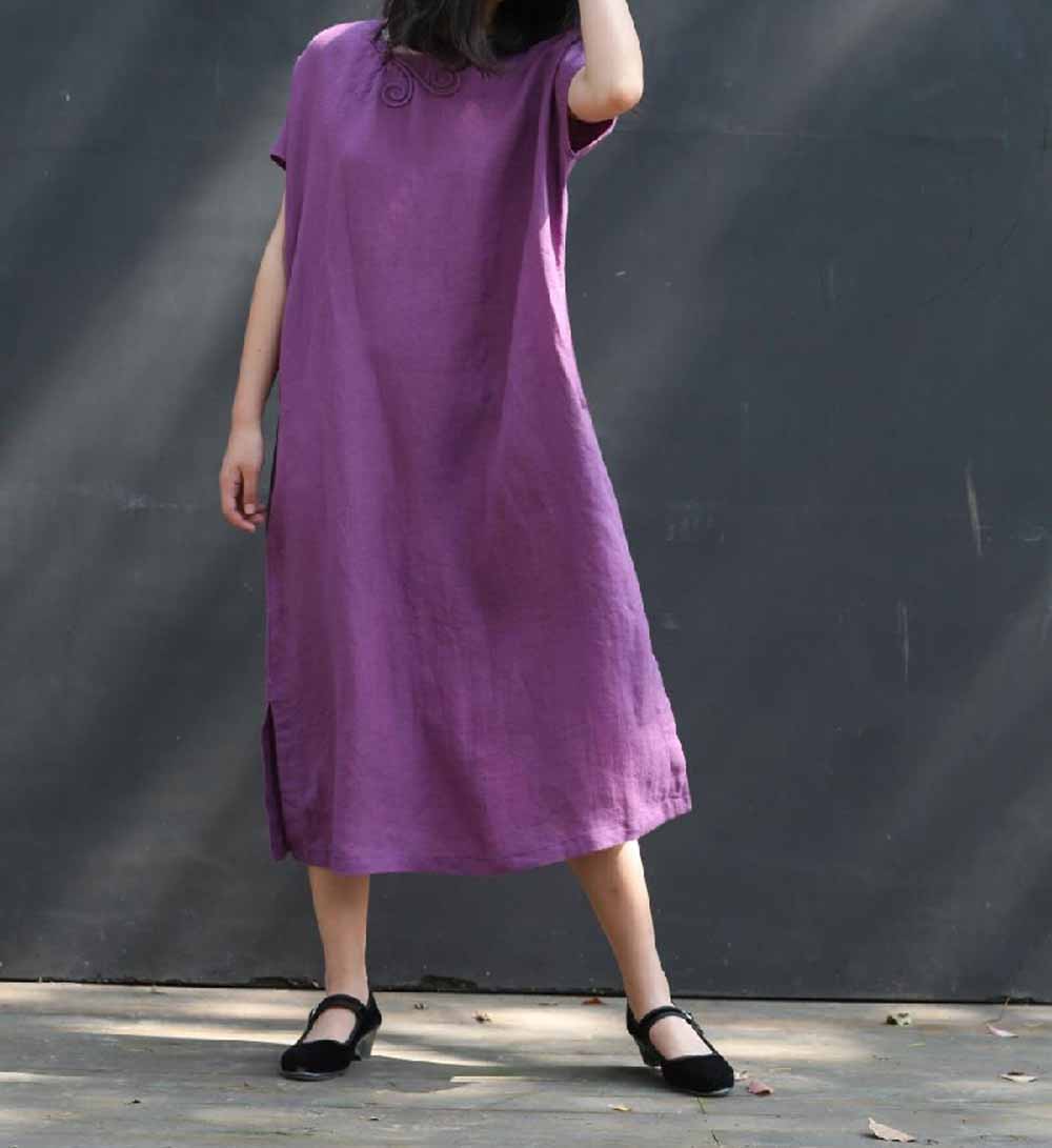 edoa Purple Ramie Dress with Chinese Knotted Butterfly Buttons