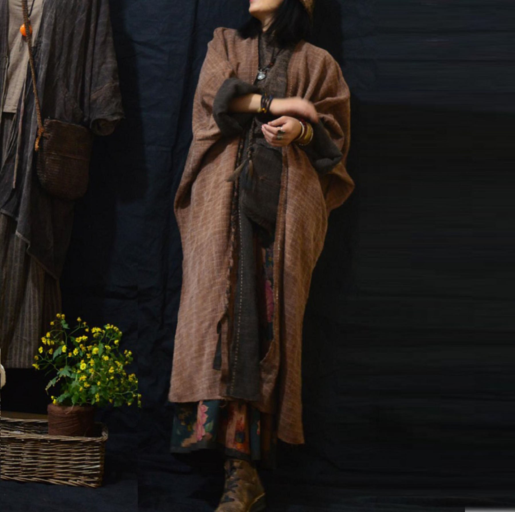edoa Oversized Bohemian Raw Edged Reversible Tussah Silk Duster Coat 