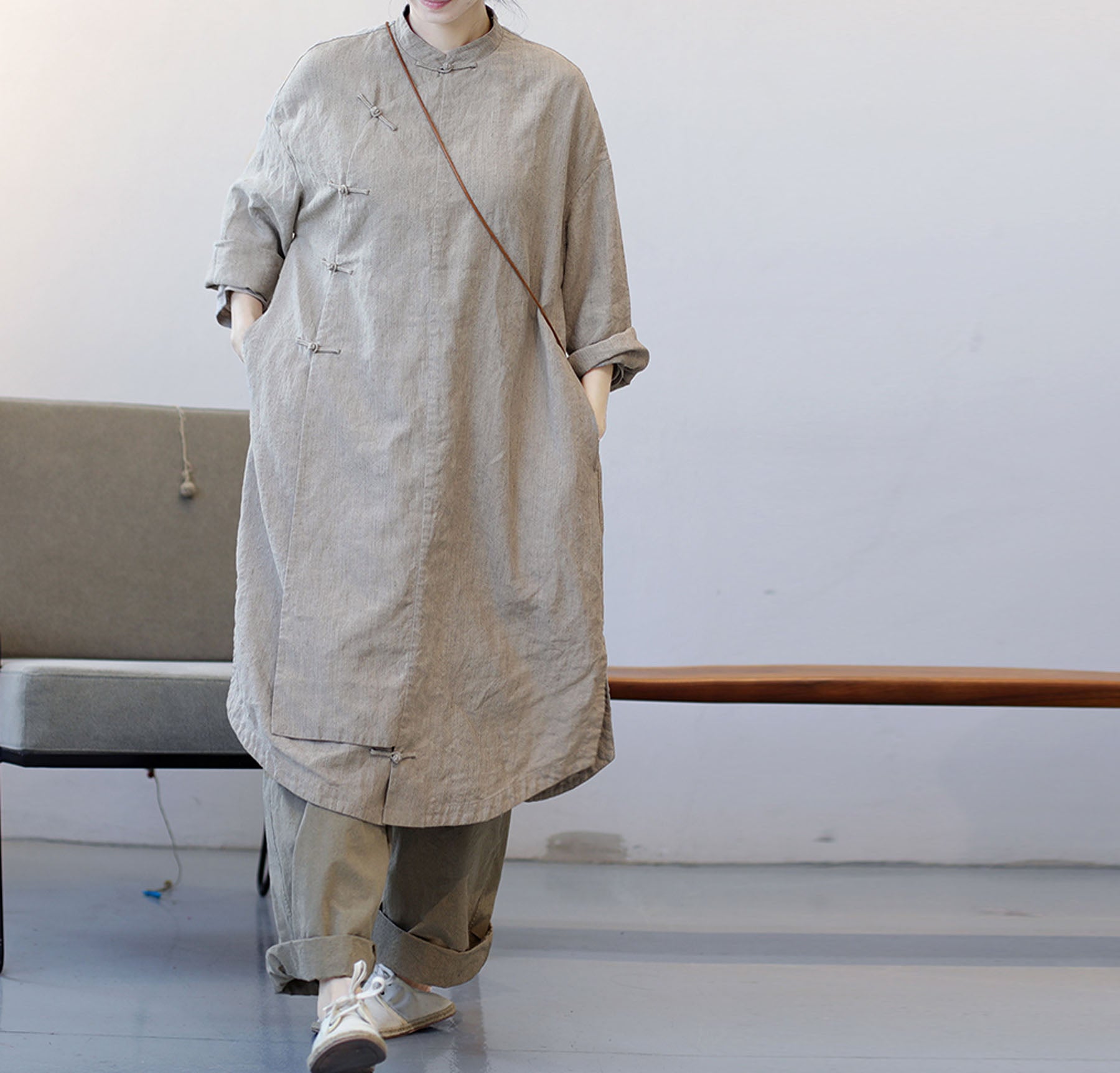 edoa Yarn Dyed French Linen Cheongsam Dress 