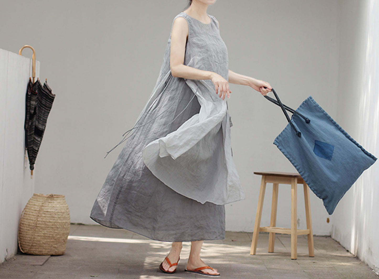 edoa Two Layer Ramie Long Sleeveless Dress