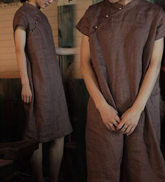 edoa Vintage Style Washed Linen Qipao