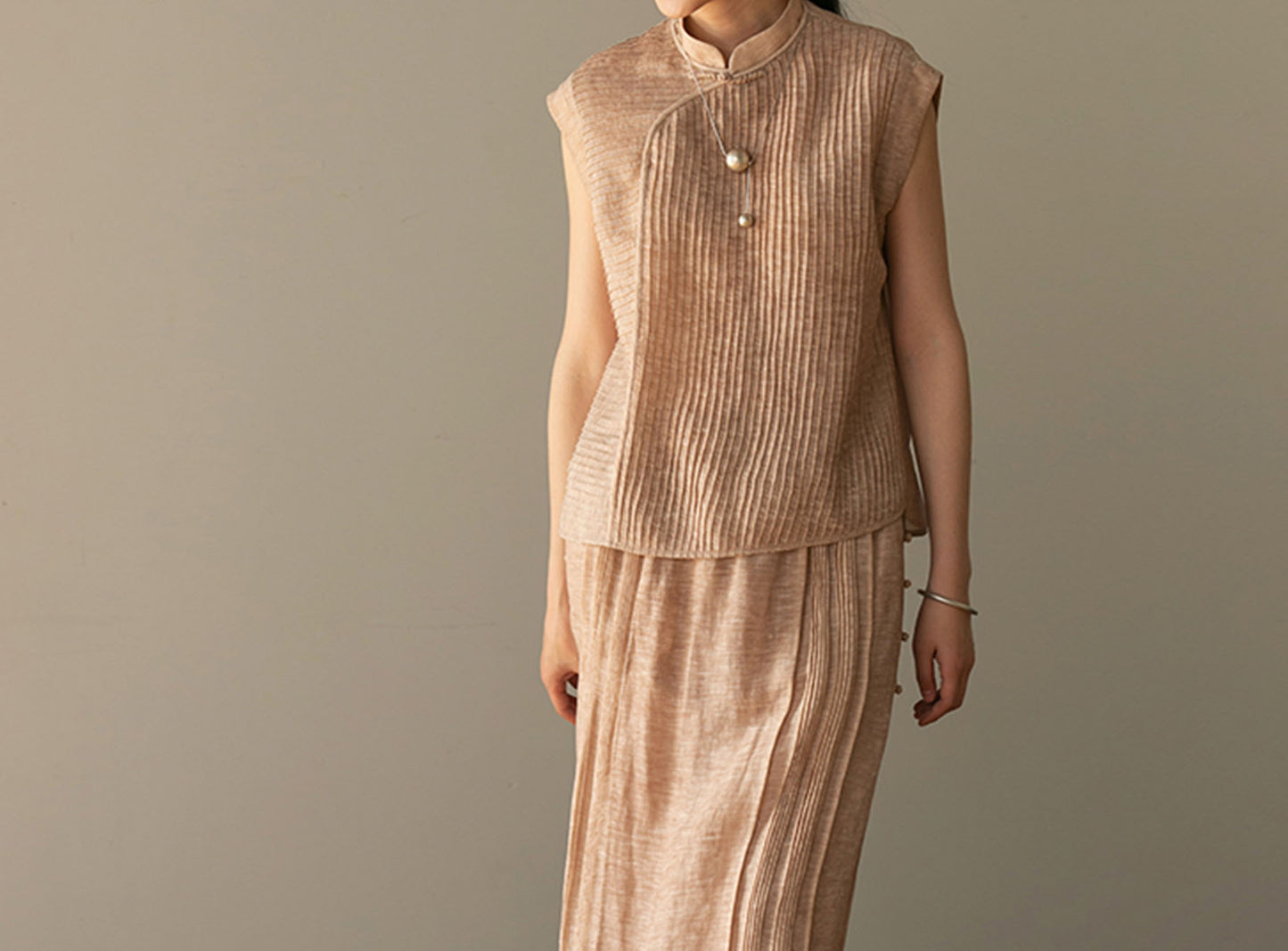 edoa Hand-pintucked Distressed Linen Rayon blend Qipao