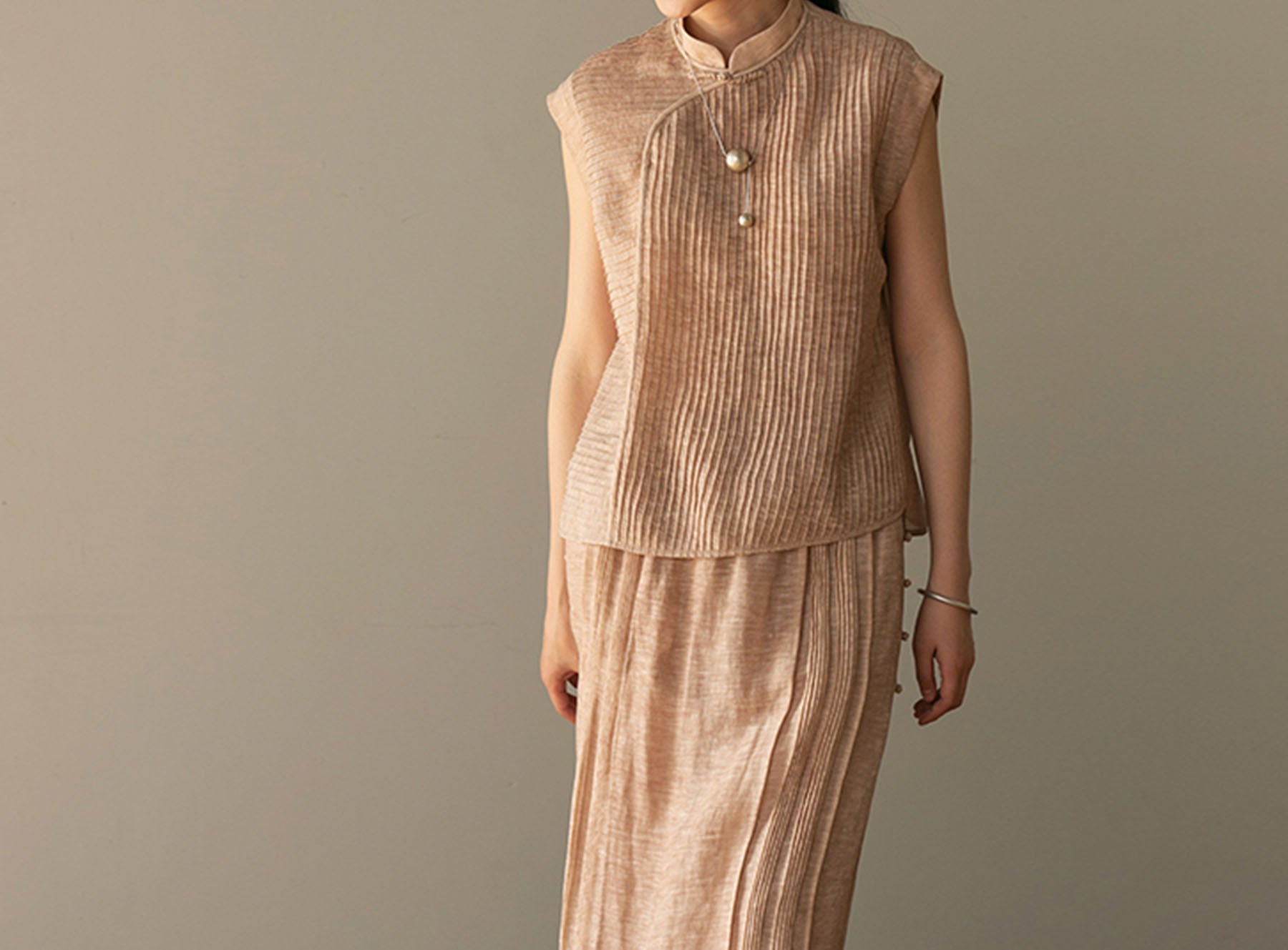 edoa Hand-pintucked Distressed Linen Rayon blend Qipao