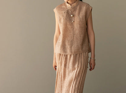 edoa Hand-pintucked Distressed Linen Rayon blend Qipao