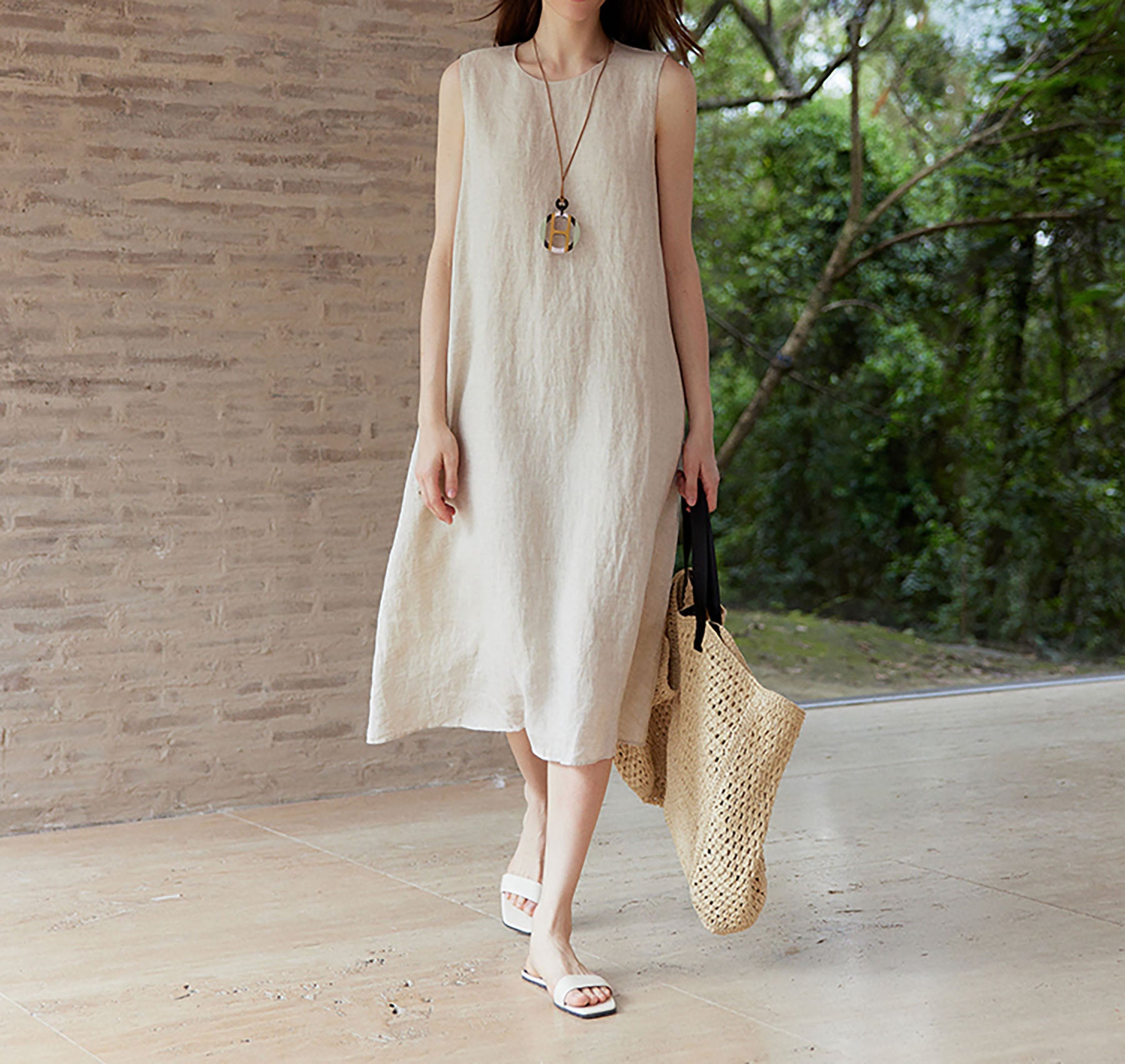 edoa Flax Linen Sleeveless Summer Dress